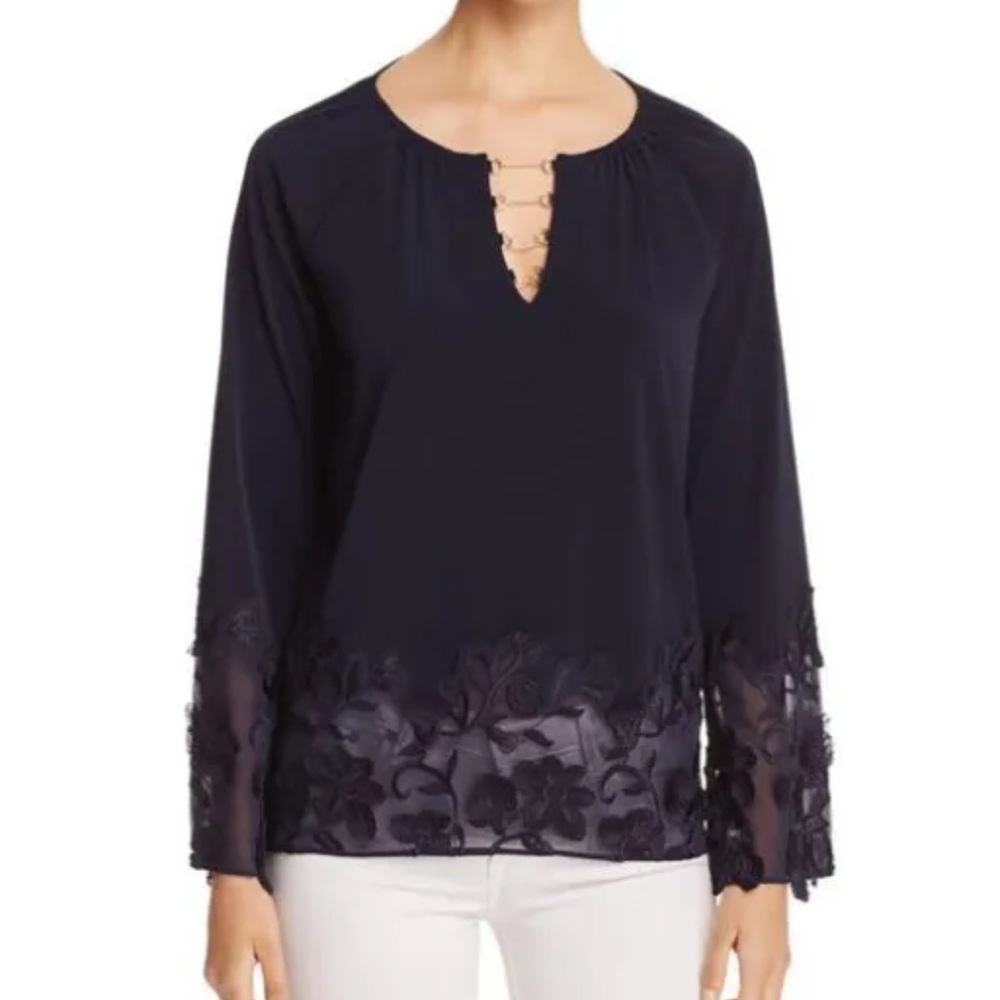T Tahari Embroidered Detail Laurie Knit Tunic Top Navy Medium NWT